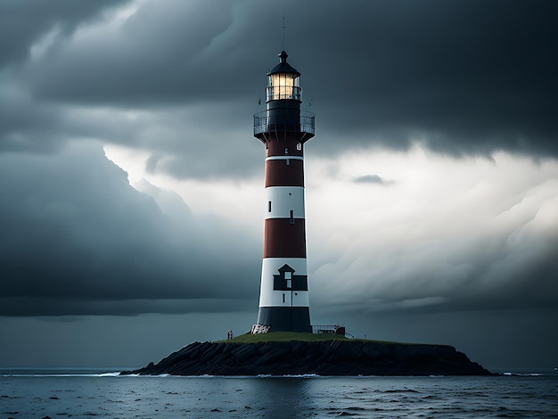 Faro alto en el mar del norte bajo un cielo nublado generado por ai