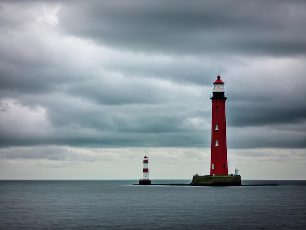 Faro alto en el mar del Norte bajo un cielo nublado