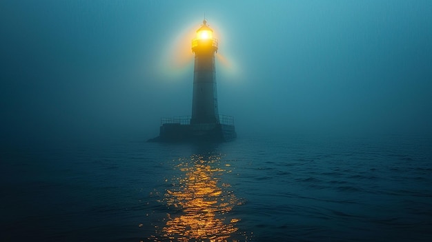 Foto faro arafed en la niebla con una luz en el ai generativo