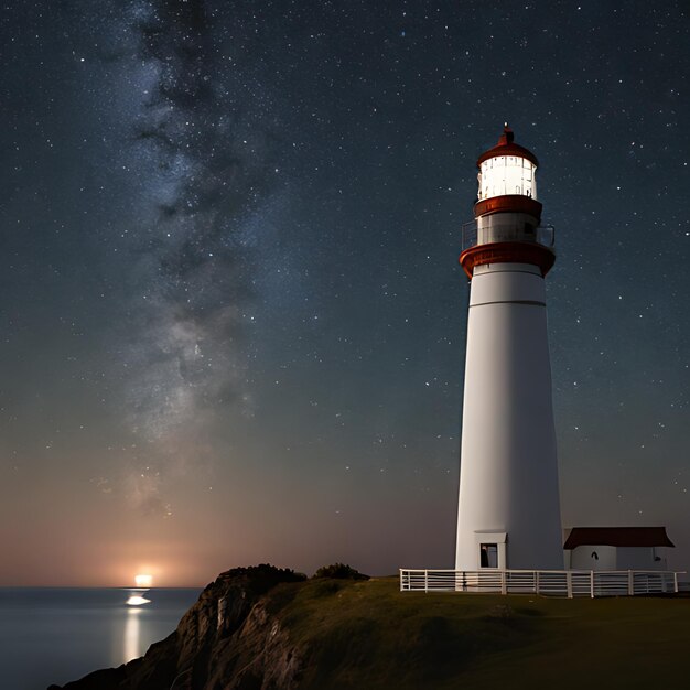 un faro con un cielo lleno de estrellas detrás de él