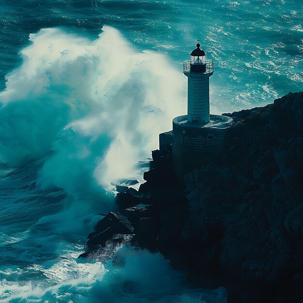 Foto faro como silueta sombra de ola que se estrella en la pared d foto creativa de fondo elegante