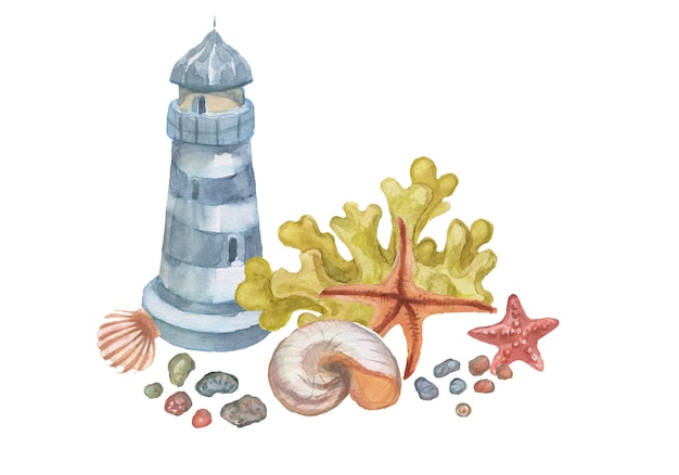 Faro conchas marinas corales estrellas de mar ilustración acuarela dibujada a mano