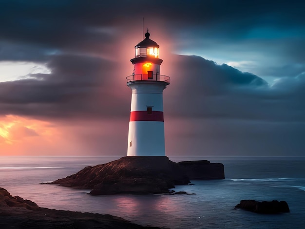 un faro en la costa al atardecer