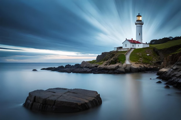 Un faro en una costa rocosa con un cielo nublado al fondo