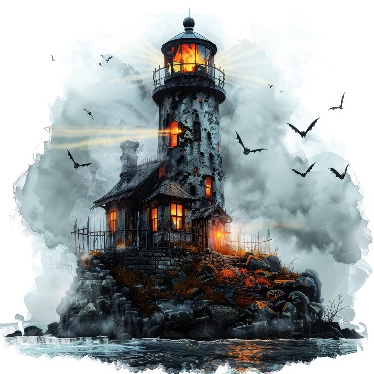Un faro desgastado de Halloween se alza contra un cielo tormentoso su luz atraviesa la oscuridad los pájaros vuelan por encima mientras la estructura se sienta en un afloramiento rocoso