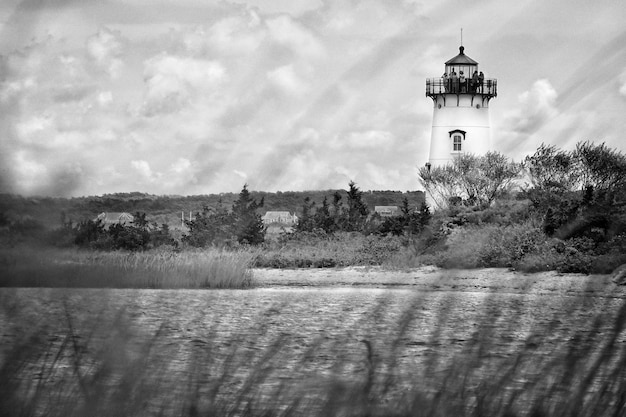 Foto faro detrás de la hierba