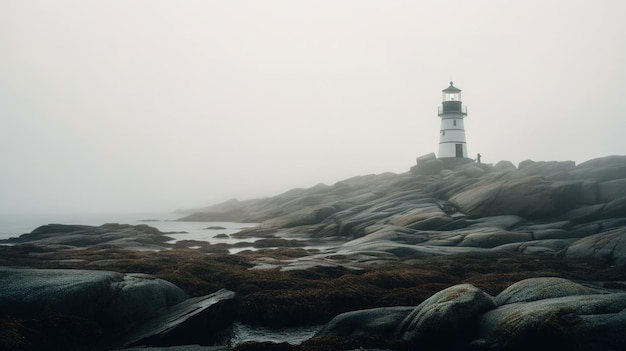 Un faro en un día de niebla con un cielo de niebla en el fondo.