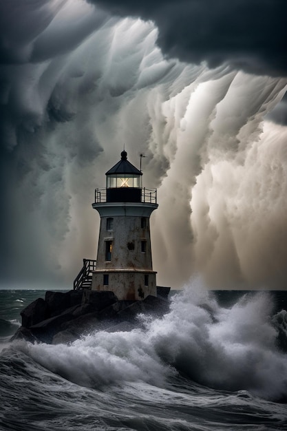 Un faro en un día tormentoso con un cielo tormentoso detrás.