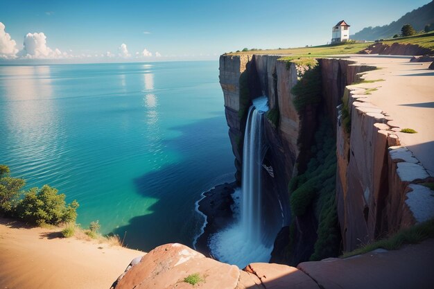 Un faro se encuentra en un acantilado con vista a un cuerpo de agua.