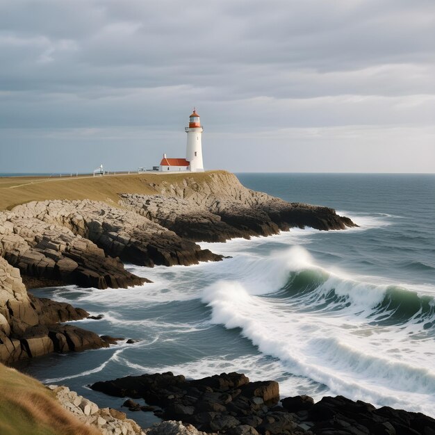 Foto un faro se encuentra en un acantilado con vistas al océano