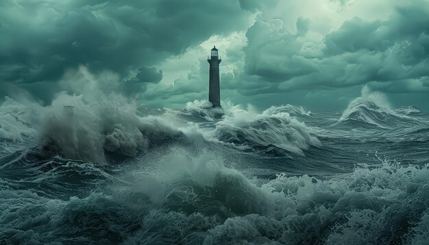 Un faro es visible en la distancia mientras las olas chocan contra la orilla