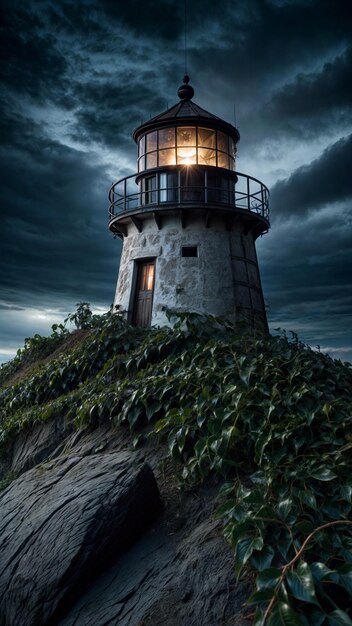 Un faro está iluminado contra un cielo nublado