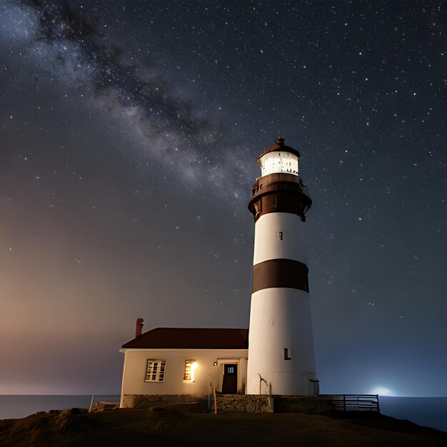 un faro está iluminado por la noche con las estrellas en el cielo