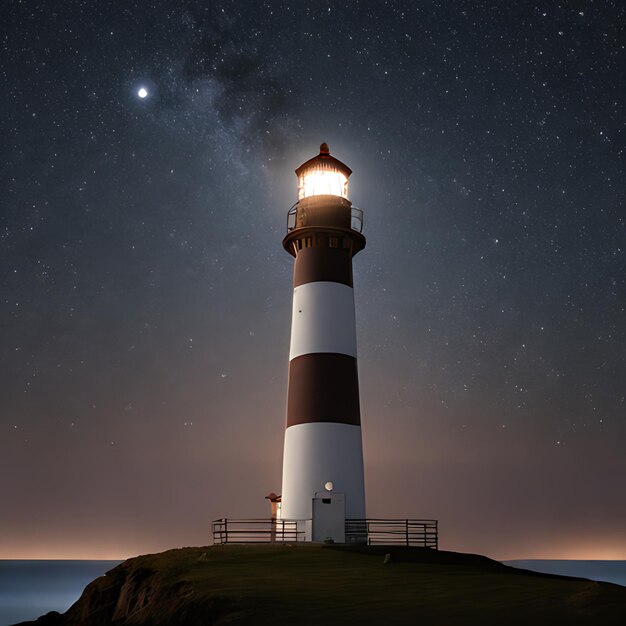 un faro está iluminado por la noche con las estrellas en el cielo