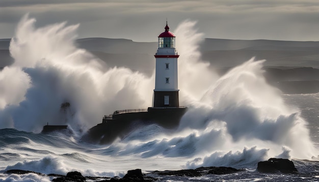 un faro está rodeado de grandes olas y un faro