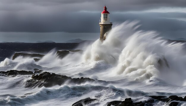 un faro está rodeado de olas y el océano se está rompiendo