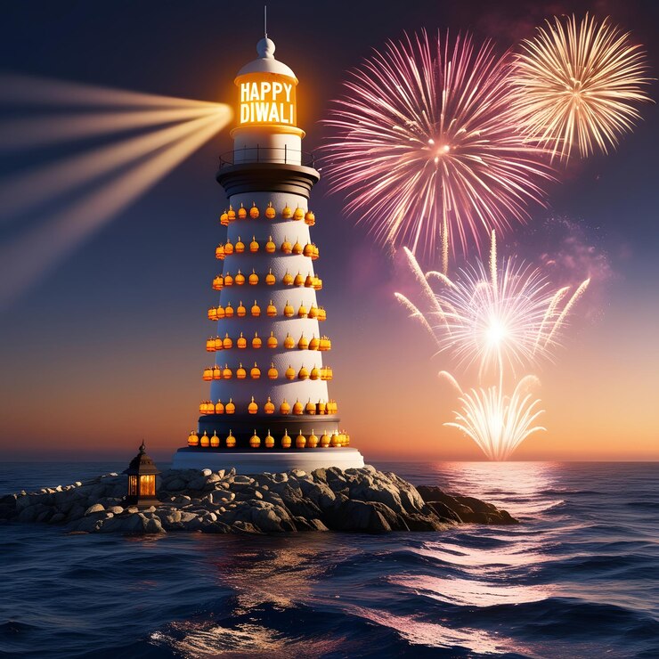 un faro con fuegos artificiales en el fondo y un letrero que dice fiesta