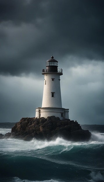 Un faro hiperrealista en una montaña rocosa