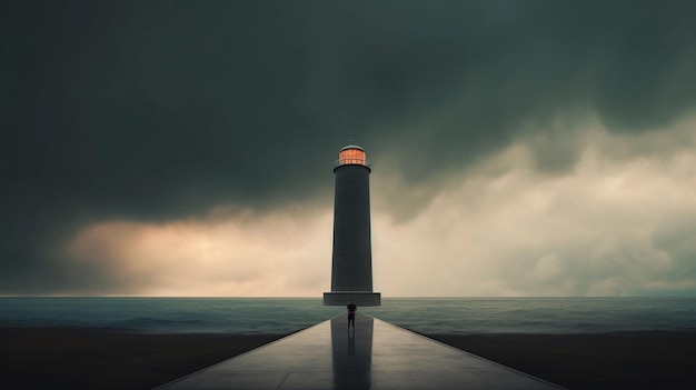 Foto un faro con un hombre parado al borde del agua.