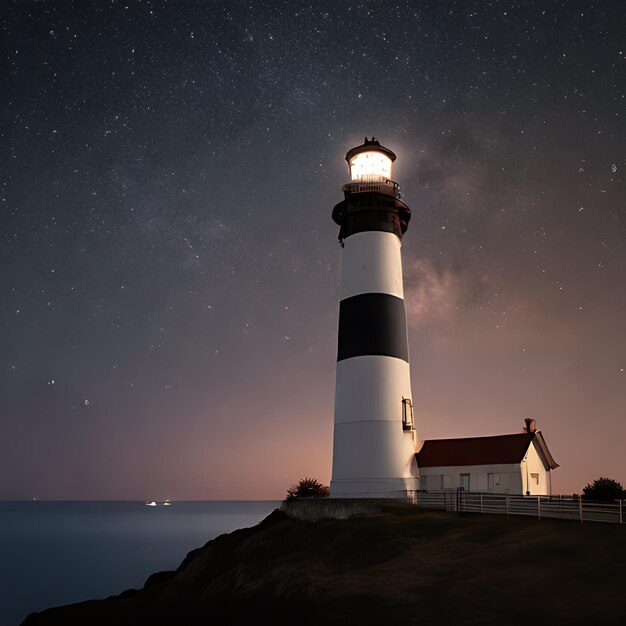 Foto un faro está iluminado por la noche con un barco en el fondo