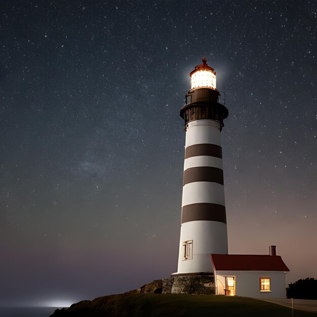 Foto un faro está iluminado por la noche con un cielo en forma de estrella detrás de él