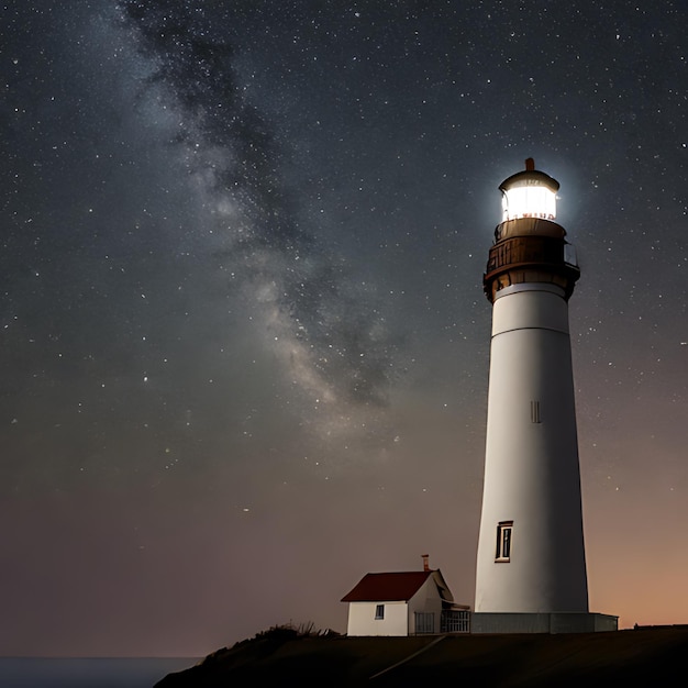 Foto un faro está iluminado por la noche con un cielo lleno de estrellas detrás de él