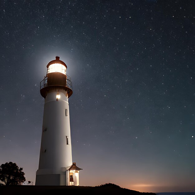 Foto un faro está iluminado por la noche con las estrellas en el cielo