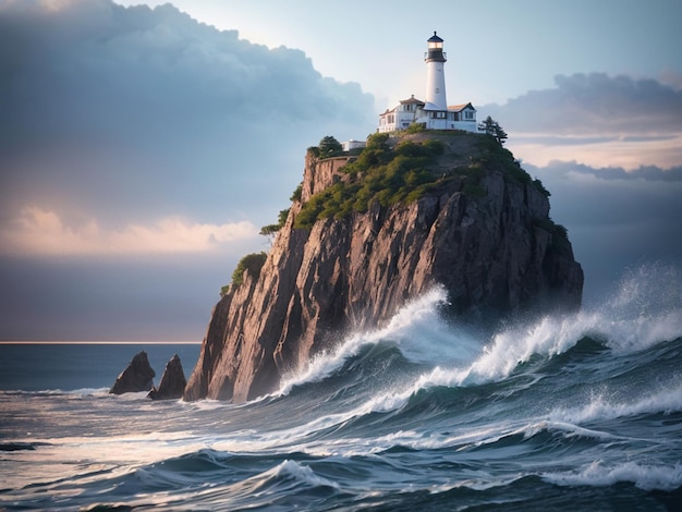 Un faro en una isla rocosa con olas rompiendo contra él.