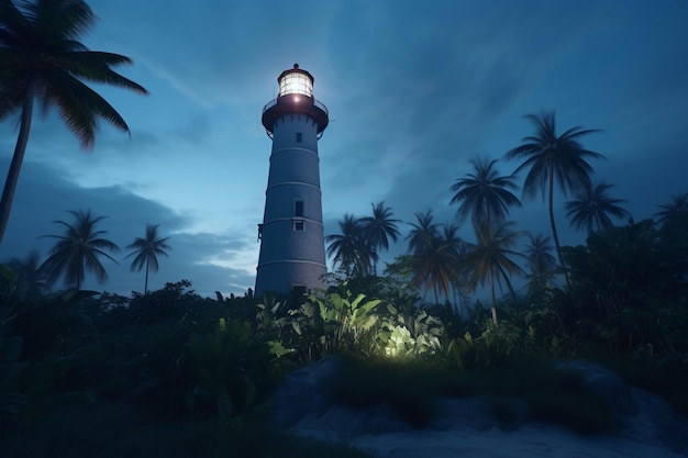 Faro en una isla tropical por la noche