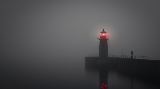 Foto un faro en la lejanía envuelto en una misteriosa niebla su luz roja es un faro de esperanza y guía en la oscuridad
