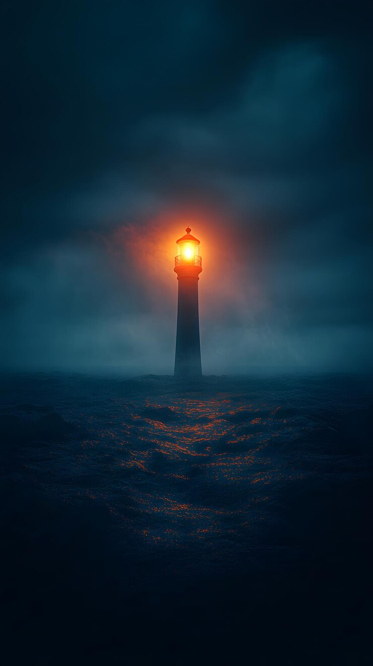 Un faro luminoso se alza en medio de un mar oscuro y tormentoso