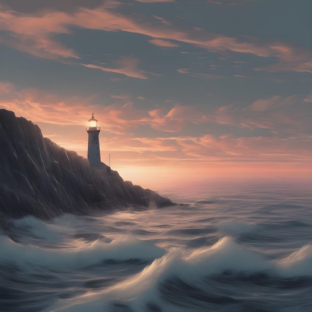 Faro en el mar al atardecer 3d render ilustración AI generativa