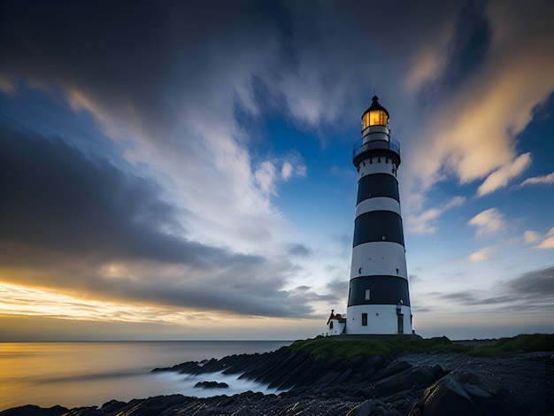 un faro en un mar con un espectacular cielo de fondo