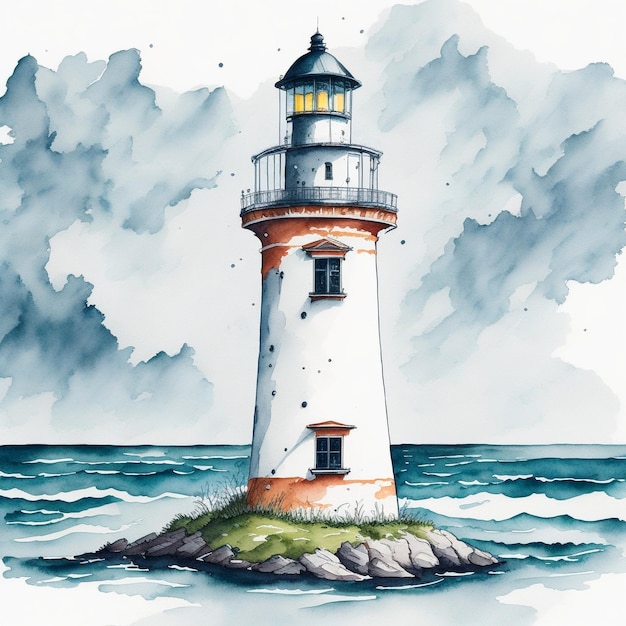 faro en el mar ilustración de acuarela