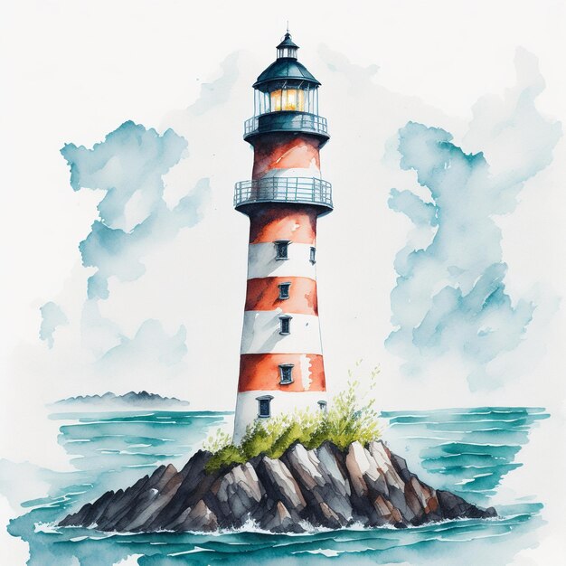 faro en el mar ilustración de acuarela