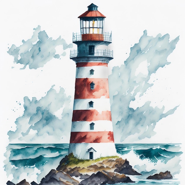 faro en el mar ilustración de acuarela