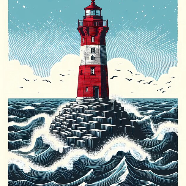 Foto faro en el mar ilustración vectorial dibujada a mano en estilo retro