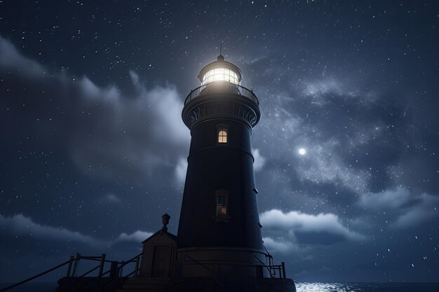 Faro en el mar en la noche estrellada Navegación para barcos IA generativa