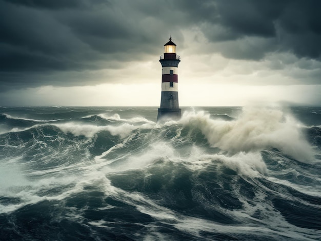 Faro en el mar tormentoso con un cielo tormentoso