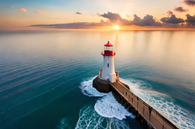 Un faro en un muelle con la puesta de sol detrás de él