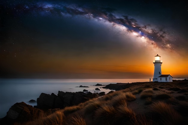 Un faro en una noche tormentosa con una tormenta viniendo detrás de él.