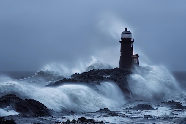 Un faro en el océano con una gran ola rompiendo contra él