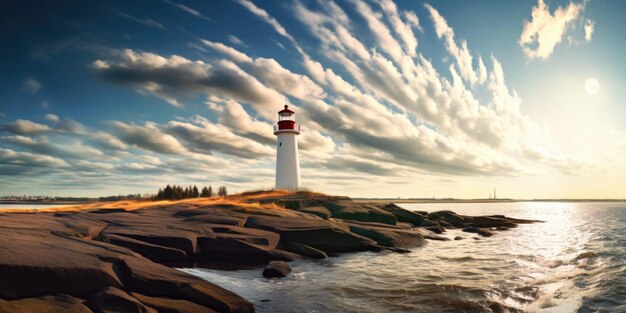 Foto un faro en una orilla rocosa bajo un cielo nublado