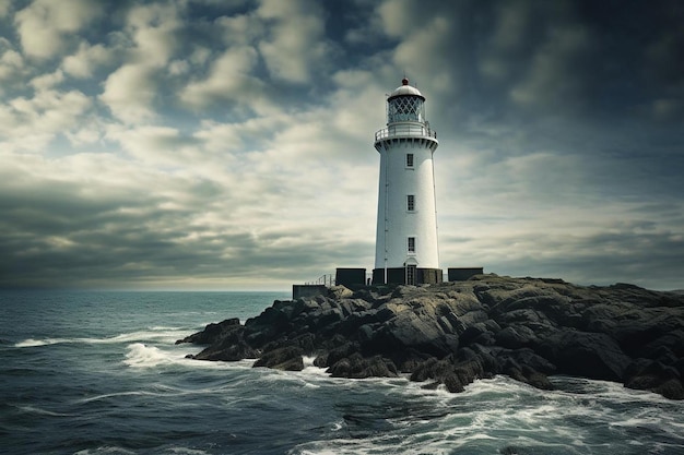 faro en una orilla rocosa con el océano y el cielo en el fondo