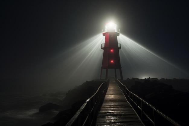 Foto un faro en un paseo marítimo en la niebla.