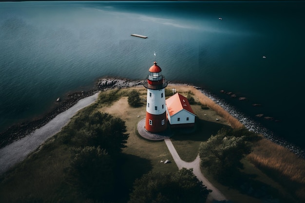 Un faro en una pequeña isla con un bote en el agua