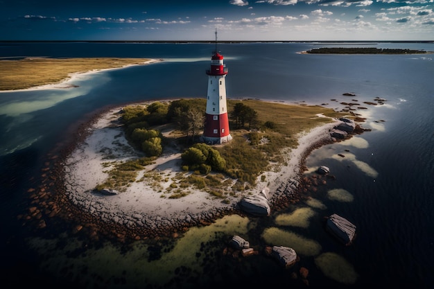 Un faro en una pequeña isla con un cuerpo de agua al fondo