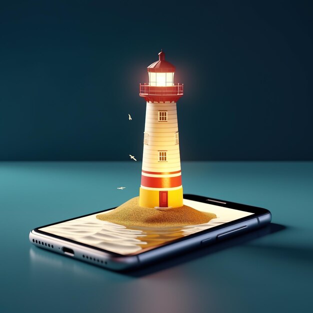 Foto faro en la playa un faro en una pantalla de teléfono inteligente generado por ia