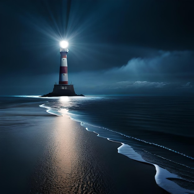 Un faro en la playa por la noche con una luz encendida