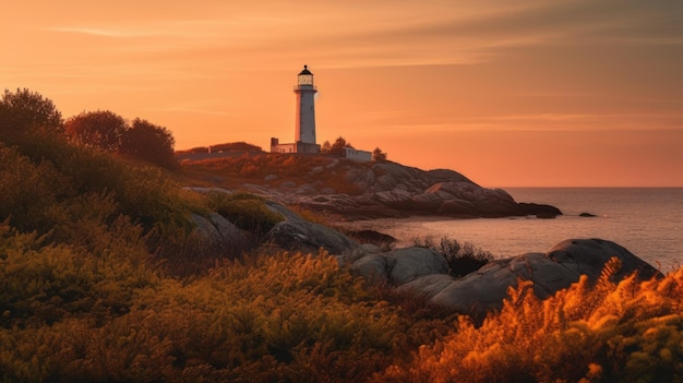 Un faro en una playa con una puesta de sol de fondo